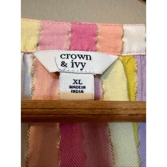 Crown & Ivy Womens XL Bell Sleeve Shirt Dress Pastel Rainbow Stripe Boho Crochet - Picture 9 of 10